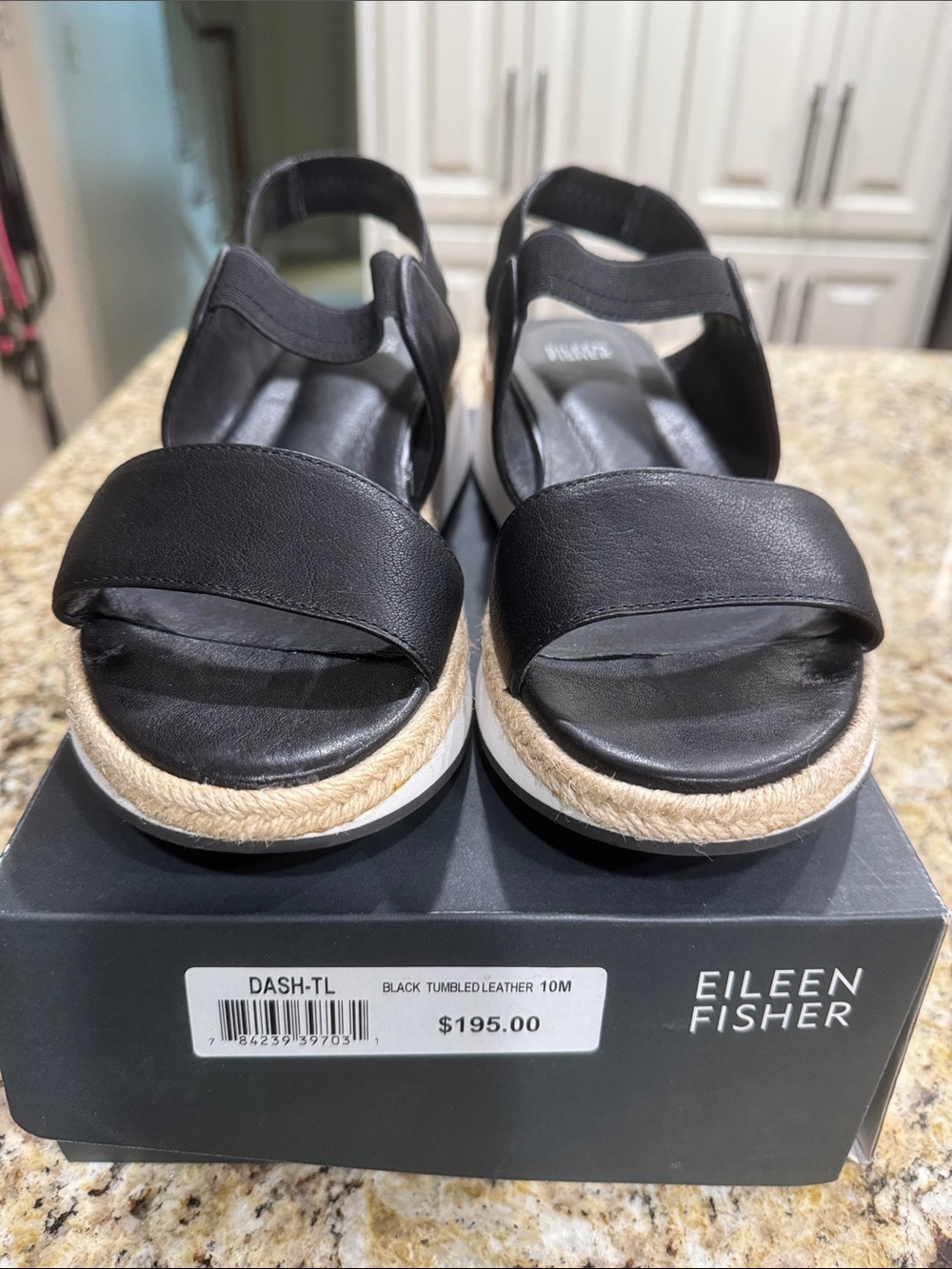 Eileen Fisher Dash -Black Leather Espadrille Slingback Sandals - Sz 10